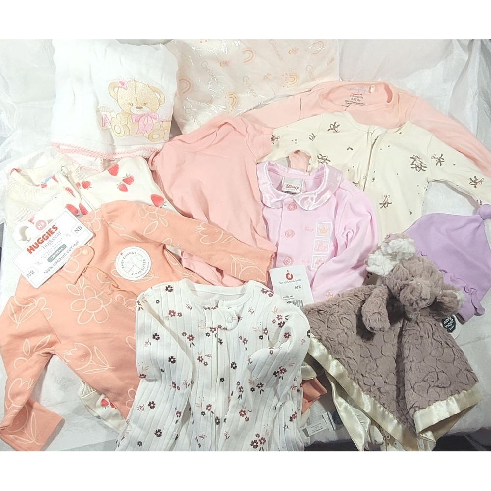 LOT: Baby Girl's 1pc Romper Coveralls, Swaddle, & Mary Meyer Elephant - Sz 0-3 M